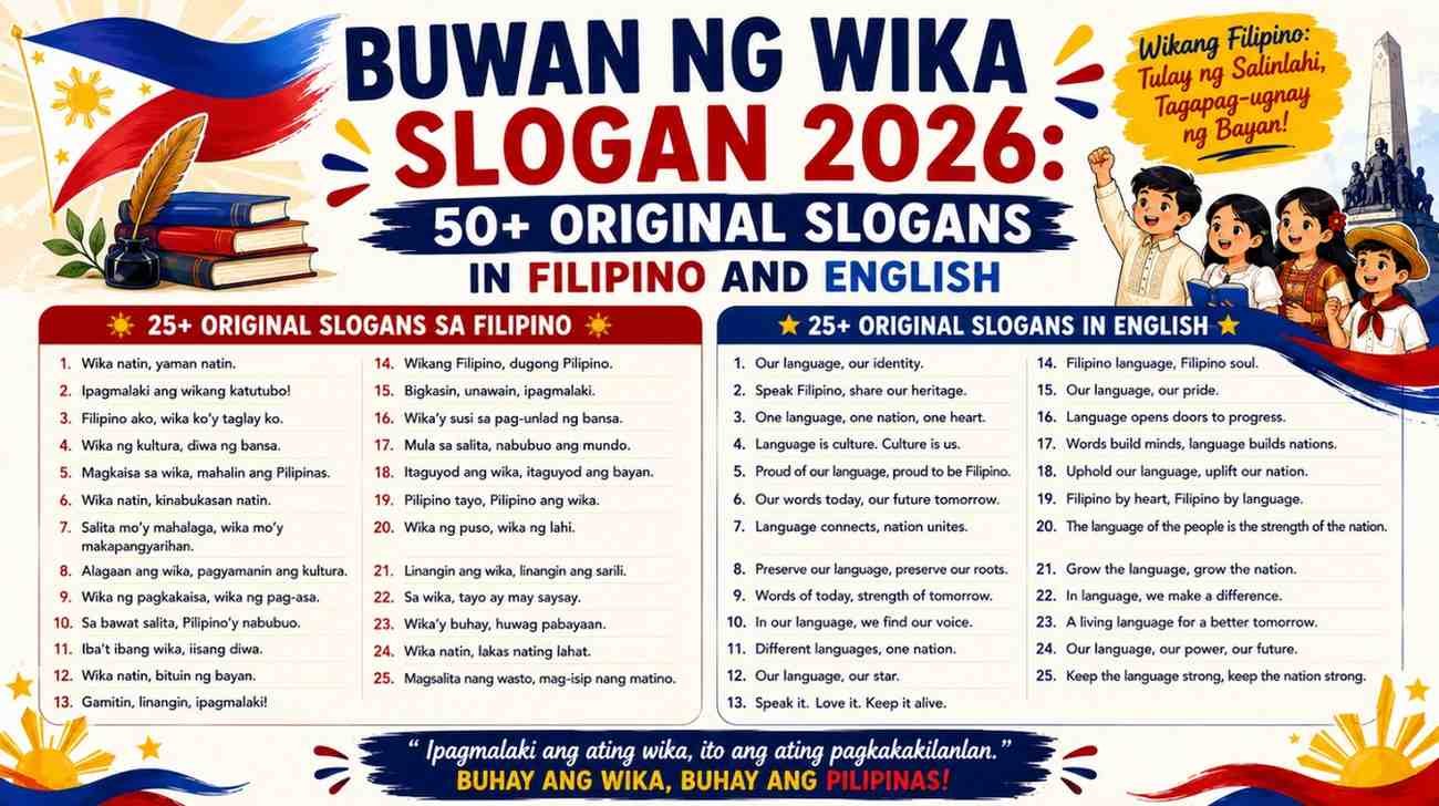 Vibrant Buwan ng Wika 2026 poster showing 25+ slogans in Filipino and 25+ slogans in English.