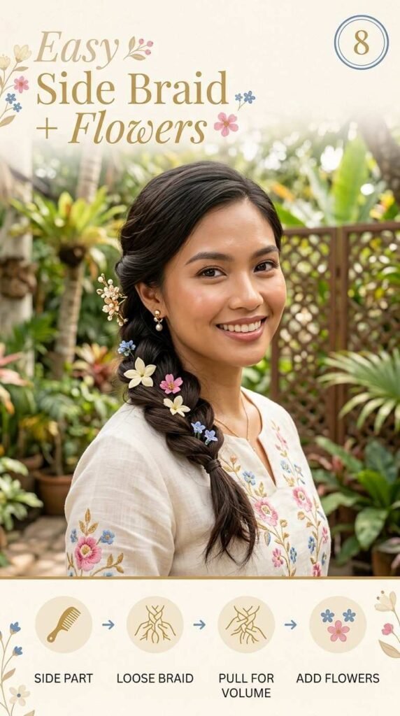 8. Tabing-Braid na may Kasamang Bulaklak — Simple at Sariwang Istilo