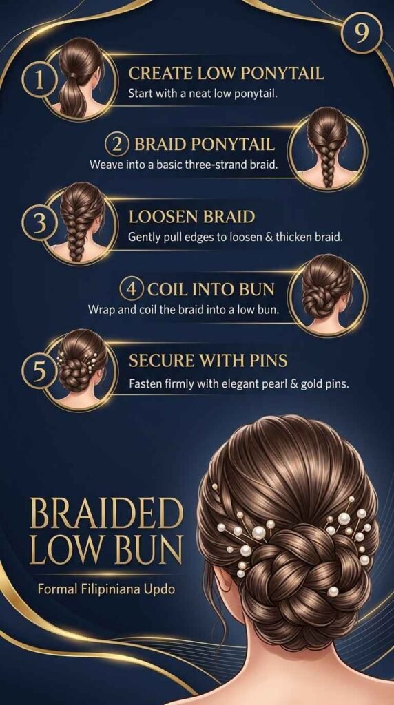 9. Pusod na may Braid o Braided Low Bun para sa Mahabang Buhok