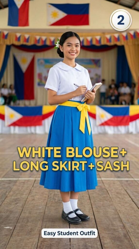 2. Puting Blouse + Mahabang Palda + Sash — Ang Pangunahing Kasuotan ng mga Mag-aaral