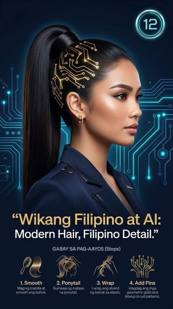 12. Sleek High Ponytail na may Gintong Geometric Pins — Para sa Tema ng 2026