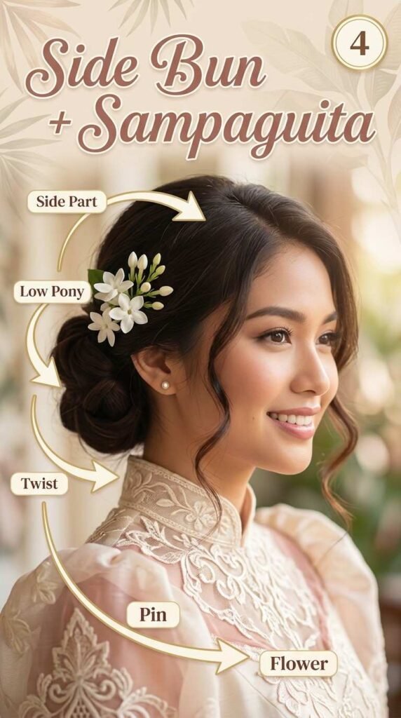 4. Tabing-Pusod o Side Bun na may Sampaguita para sa Maria Clara Look