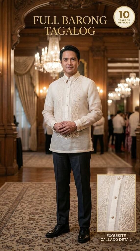10. Pormal na Barong Tagalog na gawa sa Piña o Jusi — Ang Maringal na Kasuotan para sa Kalalakihan