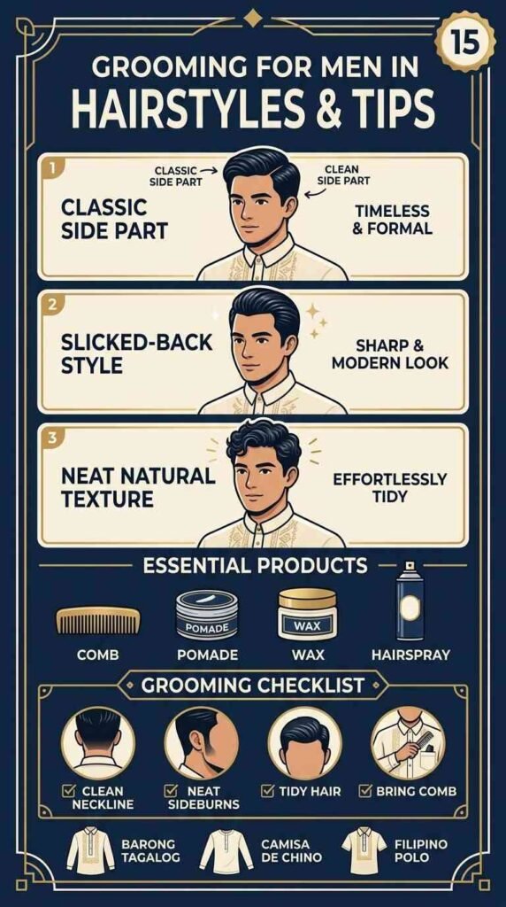 15. Klasikong Side Part at Maayos na Gupit para sa mga Lalaking nakasuot ng Barong