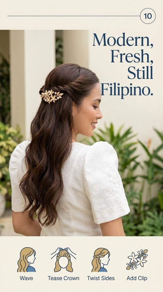 10. Half-Up Half-Down na may Kasamang Gintong Clip — Modernong Filipiniana Hair
