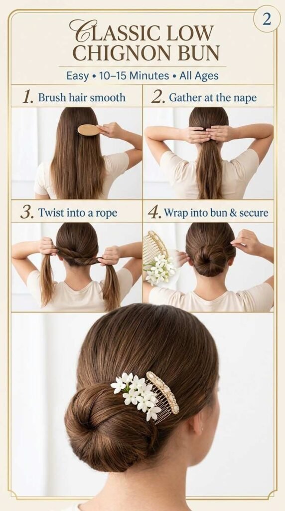 2. Klasikong Mababang Pusod o Low Chignon Bun na may Sampaguita