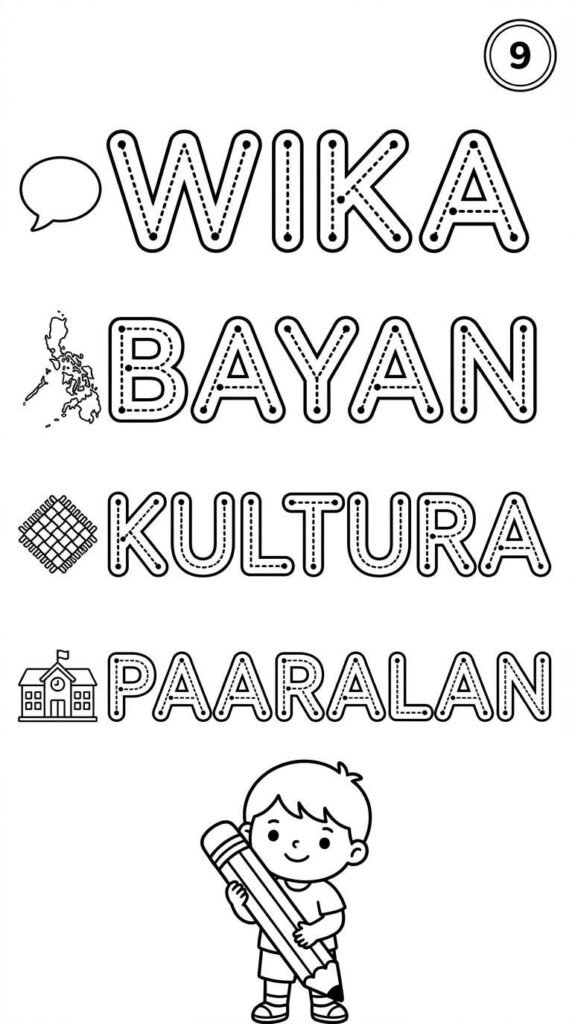 9. Walong Pahina ng Tracing Worksheets — Pagsusulat ng Salitang Filipino at Baybayin