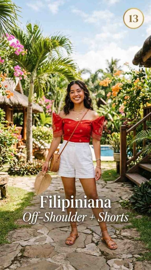 13. Off-Shoulder Filipiniana + White Shorts — Ang Makabagong Kasuotan para sa Tag-init