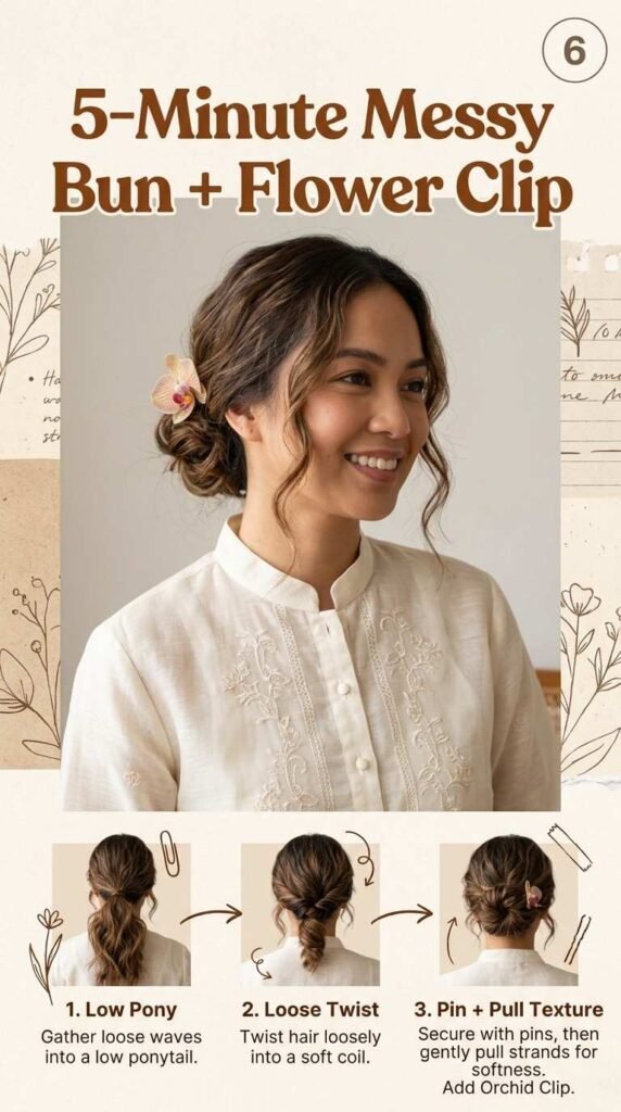 6. 5-Minute Messy Bun na may Kasamang Bulaklak — Mabilisang Pusod